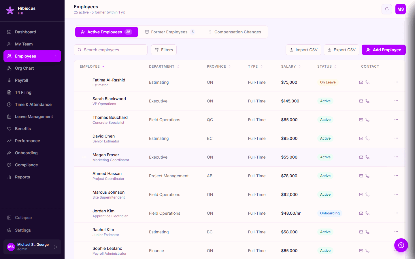 Hibiscus HR Employees module, active and former employee tabs with department, province, employment type, salary, and status columns