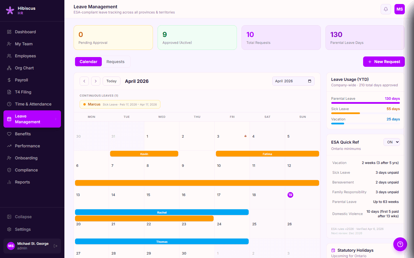 Hibiscus HR Leave Management, calendar view with leave requests colour-coded by type across the team