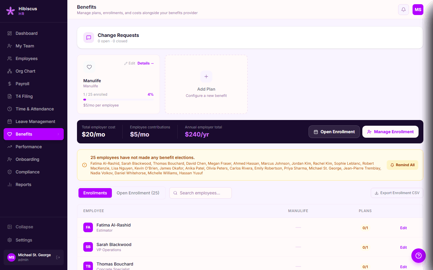 Hibiscus HR Benefits module, enrollment dashboard showing plan types, coverage, and employee enrollments