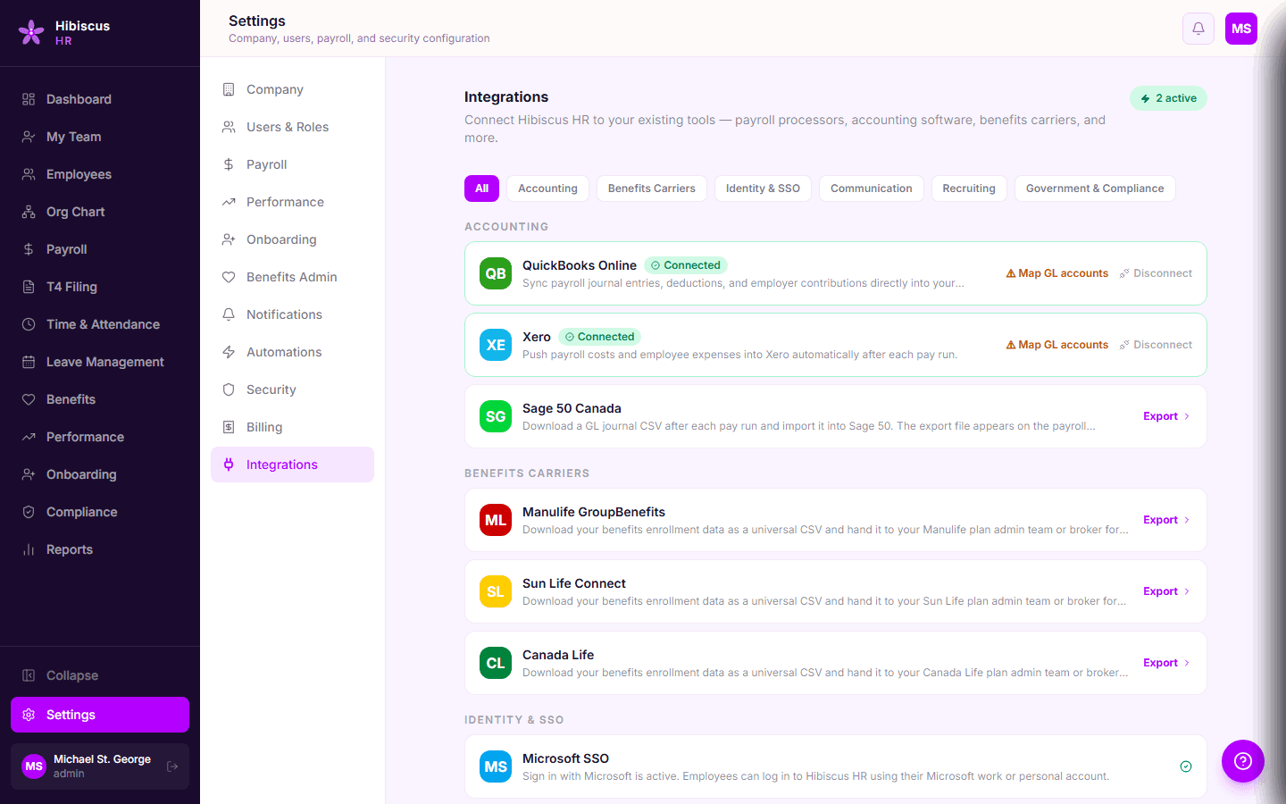 Hibiscus HR Integrations settings — QuickBooks and Xero connected with GL mapping, Sage 50 CSV export, Manulife / Sun Life / Canada Life benefits exports, Microsoft SSO active